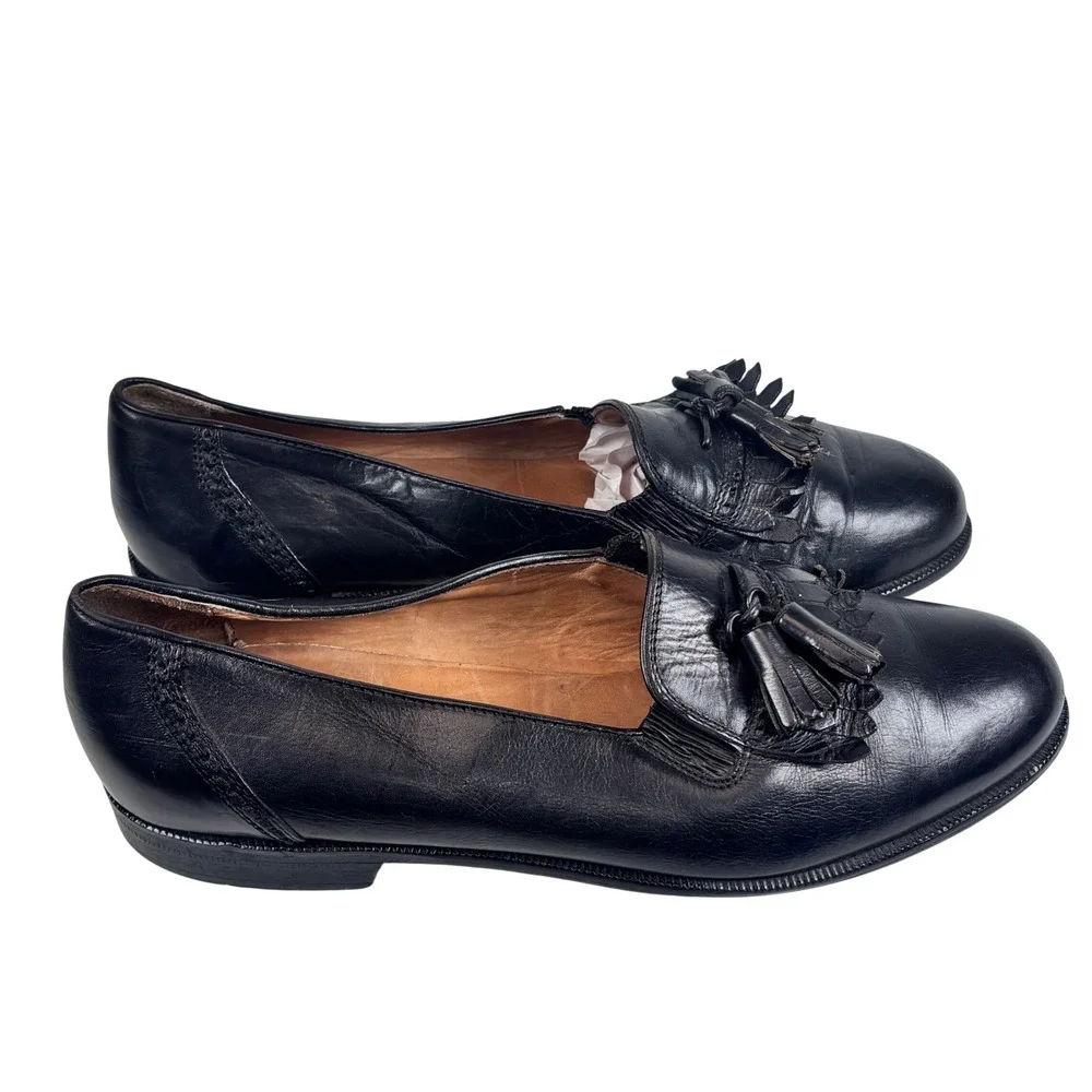 VTG Made ITALY Tassel Kiltie Loafers 10 Black Leather Preppy Academia Cable & Co